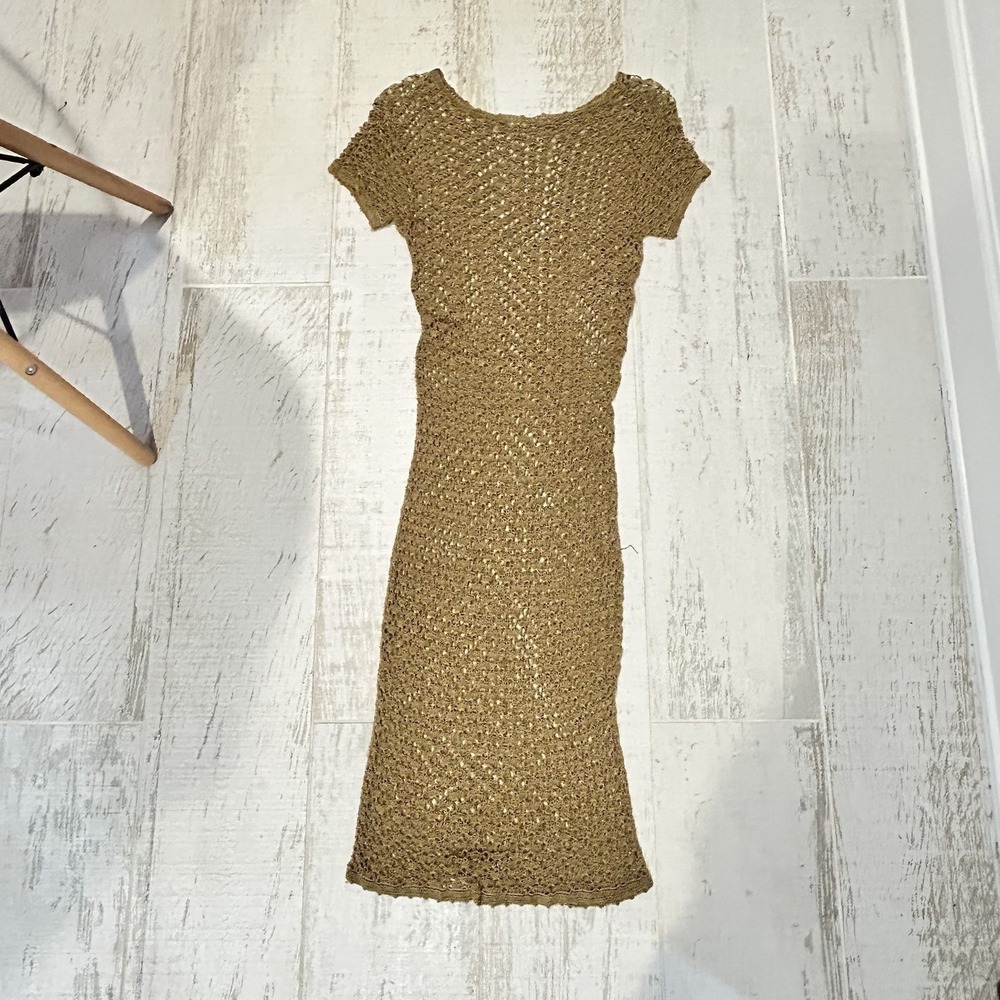 Women XS Gold Metallic Net Mesh Crochet Knit See Thru Midi‎ Dress Cap Sleeve
